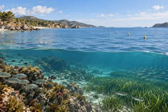 Coastal marine habitat with boundary buoys, rocky reef, seagrass, and fish