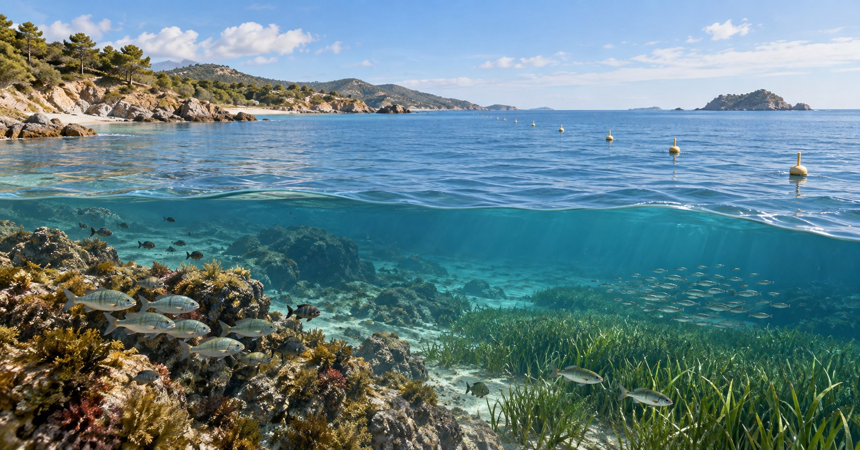 Coastal marine habitat with boundary buoys, rocky reef, seagrass, and fish